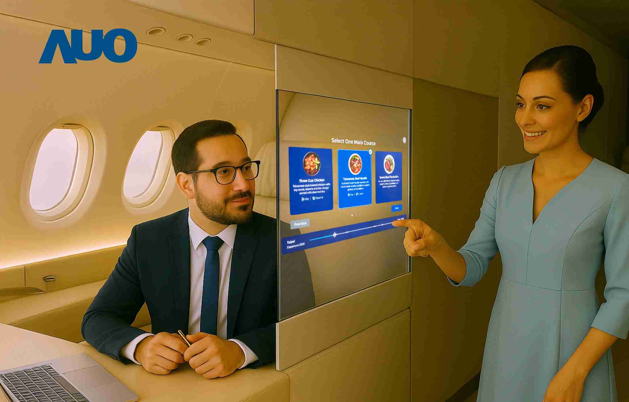 MG电玩研发全球最薄17.3 吋双面透明 Micro LED 显示器，，可在同一屏幕之双边投射不同信息，，创造独特的”透明化”互动；图为实时翻译交流应用情境